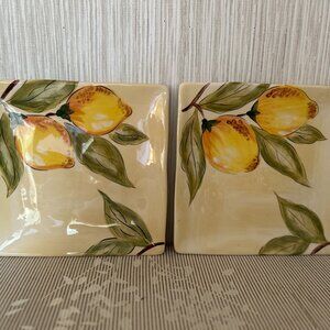 Two Pier 1 Hand-Painted Earthenware Lemon Orchard 8-1/2" Square Salad Plates